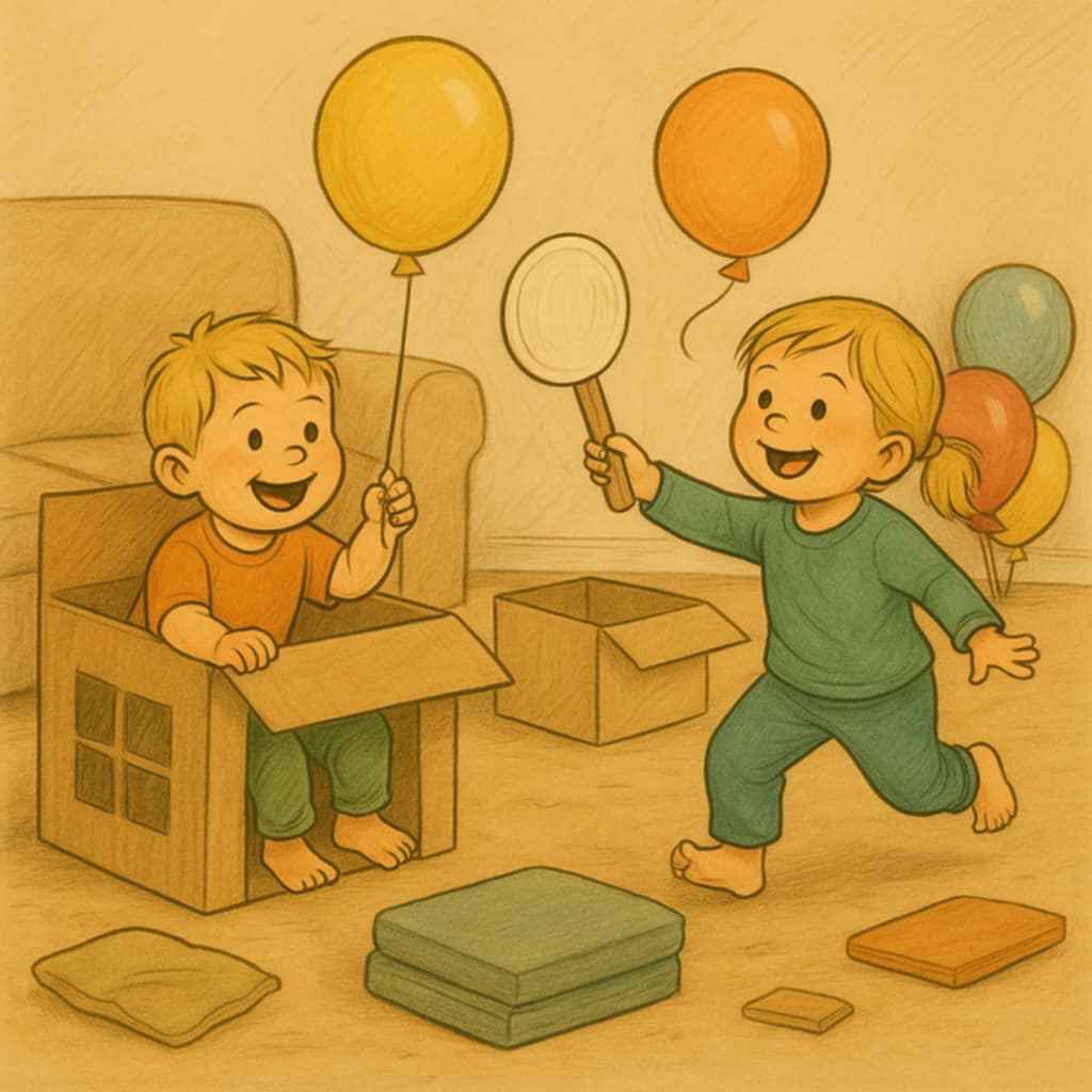 To små barn leker inne med pappesker og ballonger i en stue full av puter og leker.