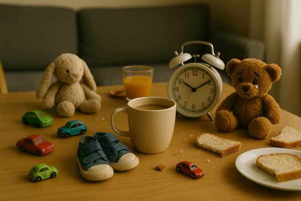 Frokostbordet med kaffekopp, rotemat og bamse i et lyst kjøkken - illustrerer småbarnskaos en morgen.