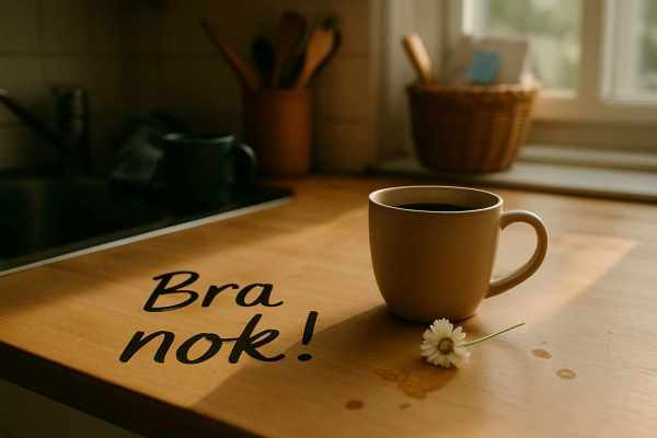 Kjøkkenbenk med kaffekopp, liten blomst og teksten Bra nok skrevet på bildet