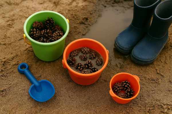 Nærbilde av bøtter med kongler i sand, med barnestøvler ved en sølepytt.