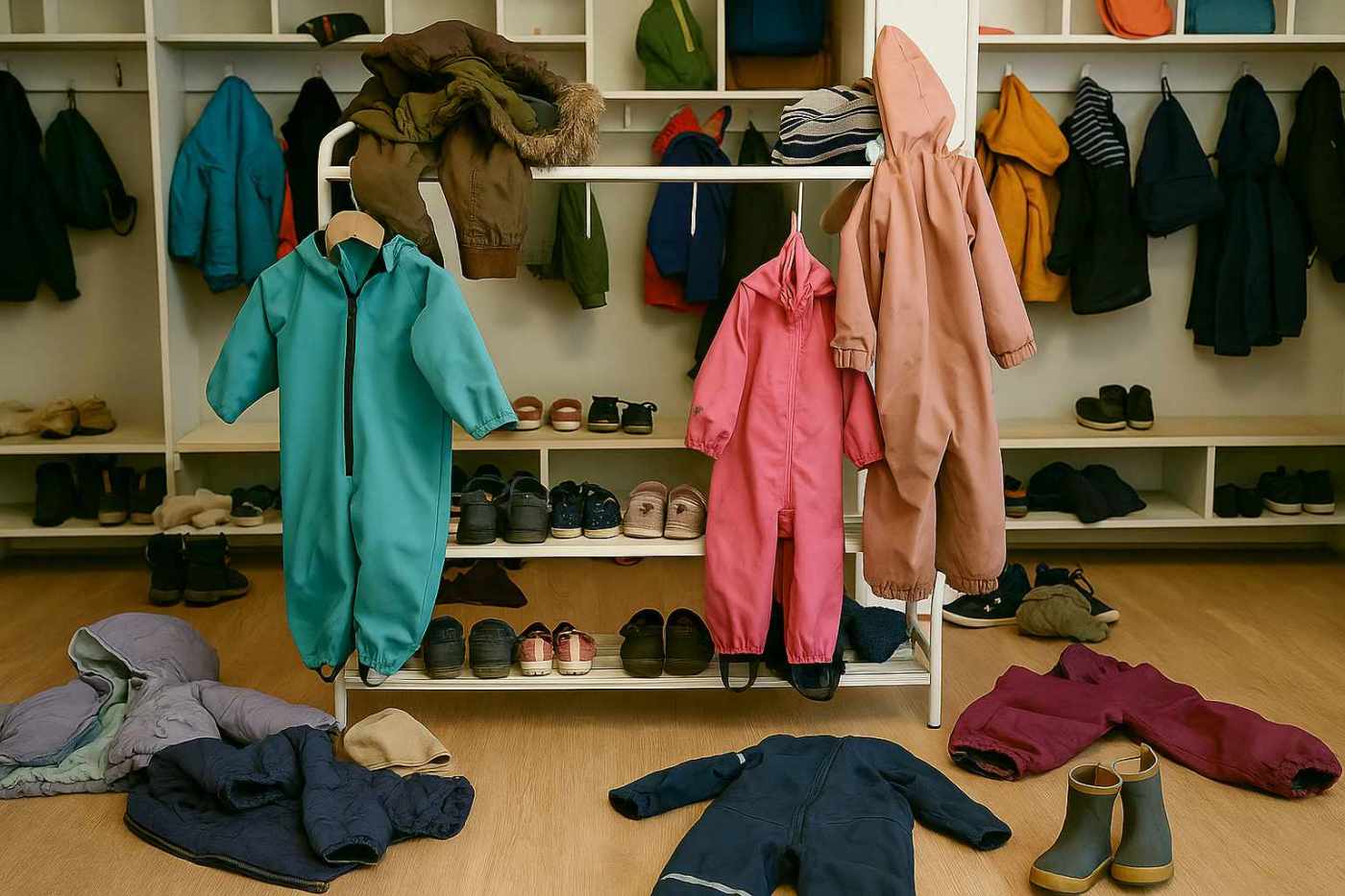 Barnehagegarderobe med mange jakker, dresser og sko, både på hyller og rotete på gulvet.