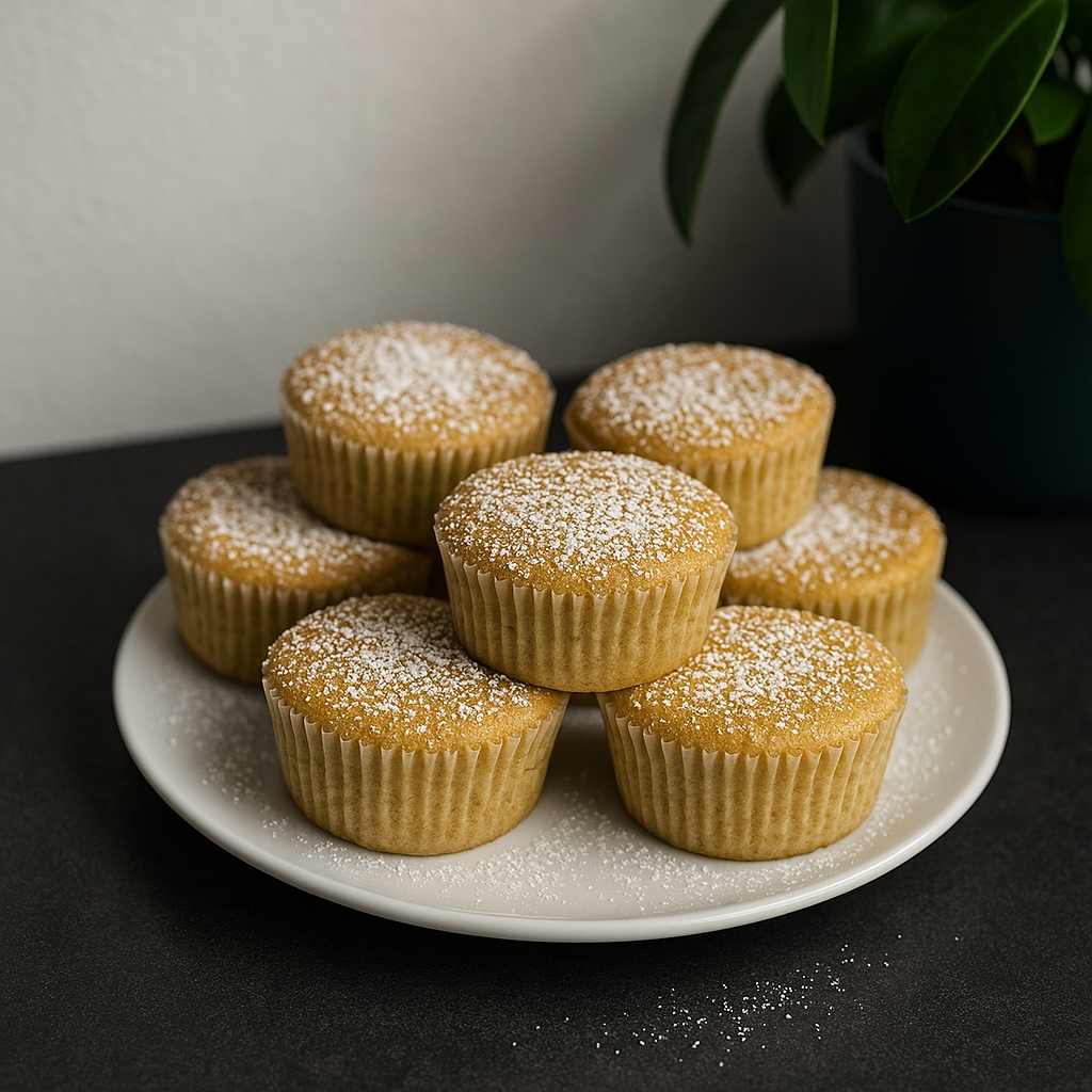 Hjemmelagde muffins med melisdryss på et fat, laget med skjulte grønnsaker.