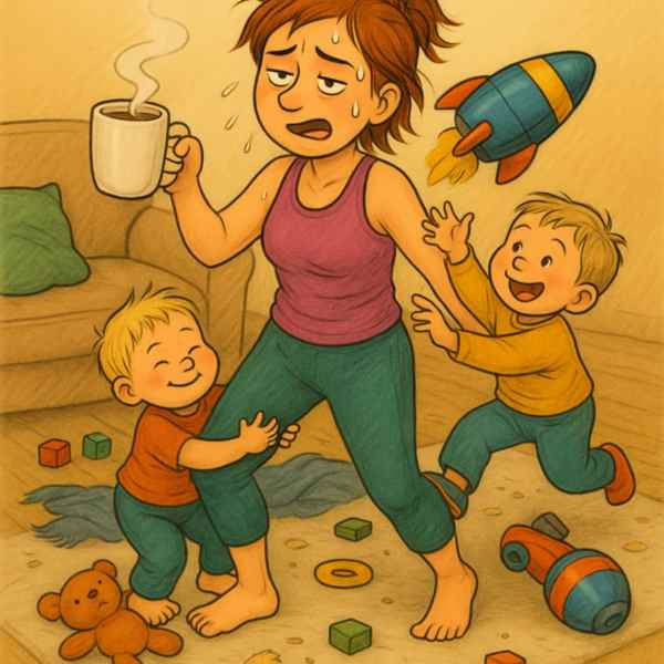 Tegnet mor i treningsklær med kaffekopp og svette i panna, omgitt av to glade småbarn og rotete stue.
