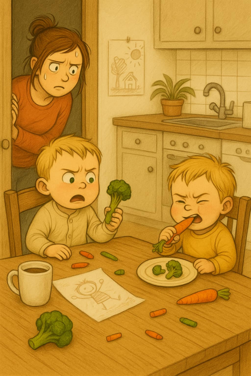 Illustrasjon av barn som skeptisk ser på grønnsaker på tallerkenen sin.
