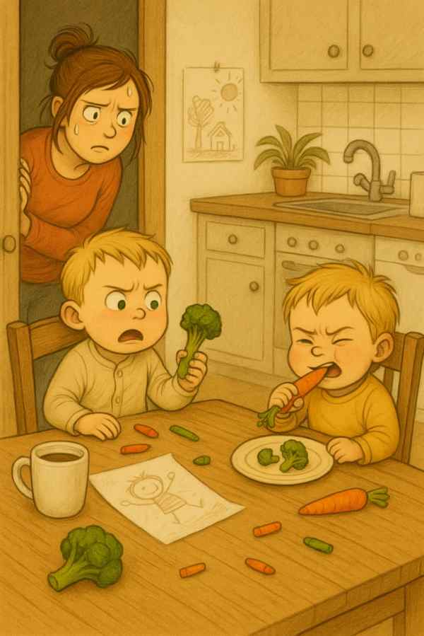 Illustrasjon av barn som skeptisk ser på grønnsaker på tallerkenen sin.
