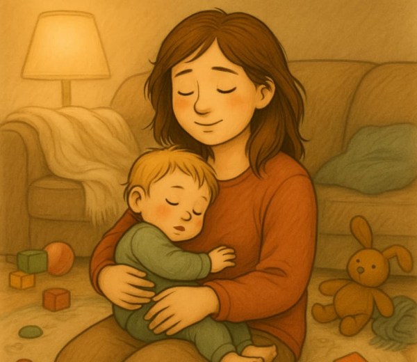 Illustrasjon av en mamma som holder barnet sitt tett inntil brystet, med varme farger og myk stemning.