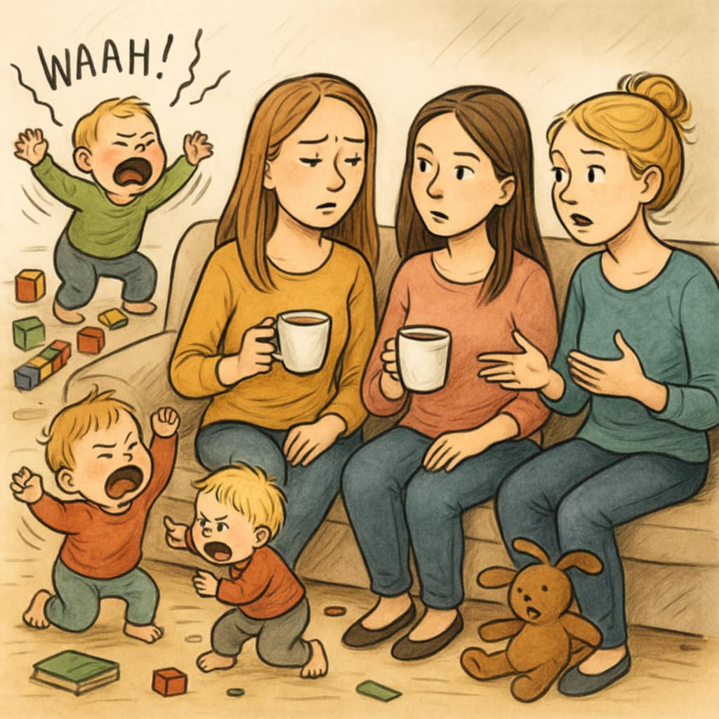 Illustrasjon av tre småbarnsmødre som forsøker å drikke kaffe mens tre små barn roter, krangler og gråter rundt dem.
