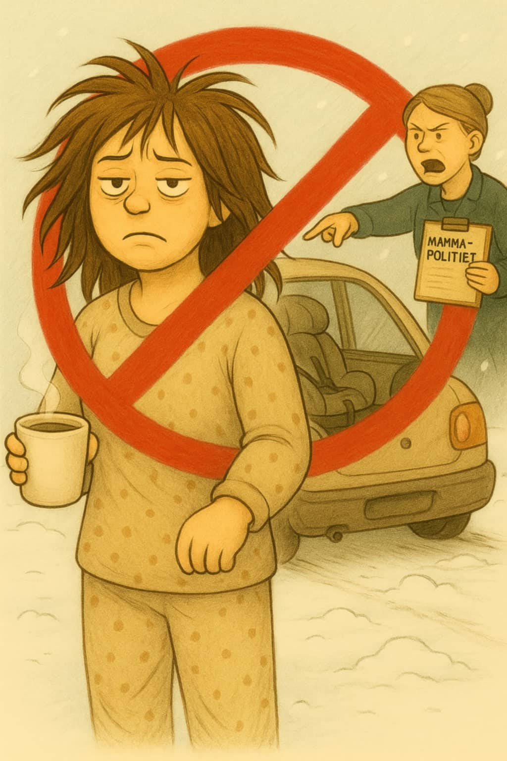 Sliten mor i pysj med kaffekopp blir skjelt ut av en figur med skilt merket ‘mammapolitiet’