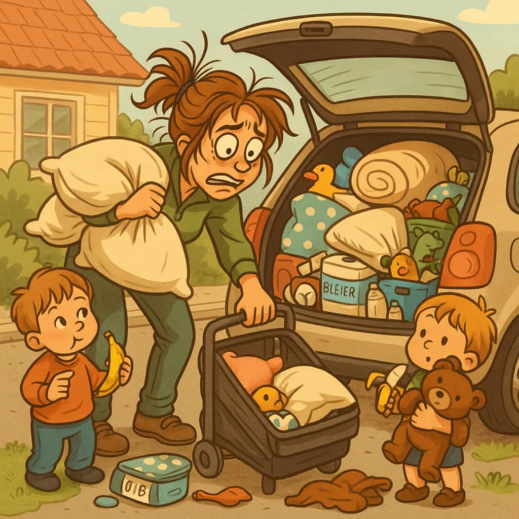 Tegnet illustrasjon av en småbarnsmor som svetter mens hun prøver å stappe alt mulig av bagasje inn i bilen foran huset.