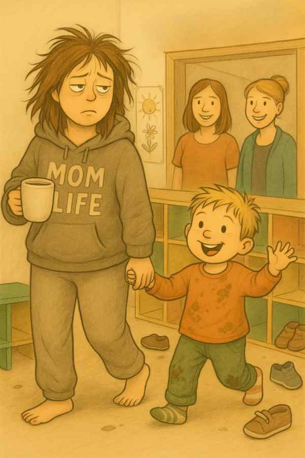 Sliten mor med kaffekopp og barn med flekkete klær går inn i barnehagen, barnehageansatte smiler i bakgrunnen.