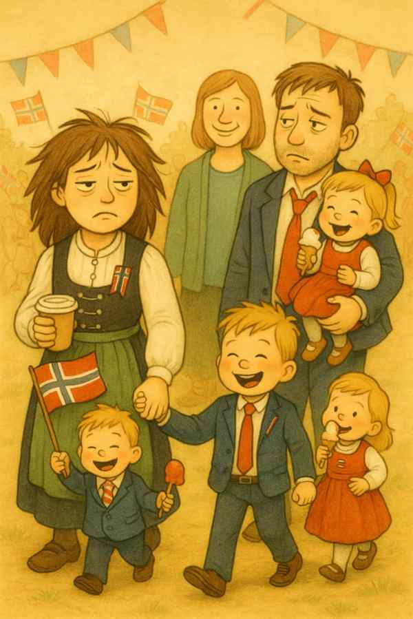 Forelder med to små barn i 17. mai-tog, omgitt av flagg, is og ballonger.