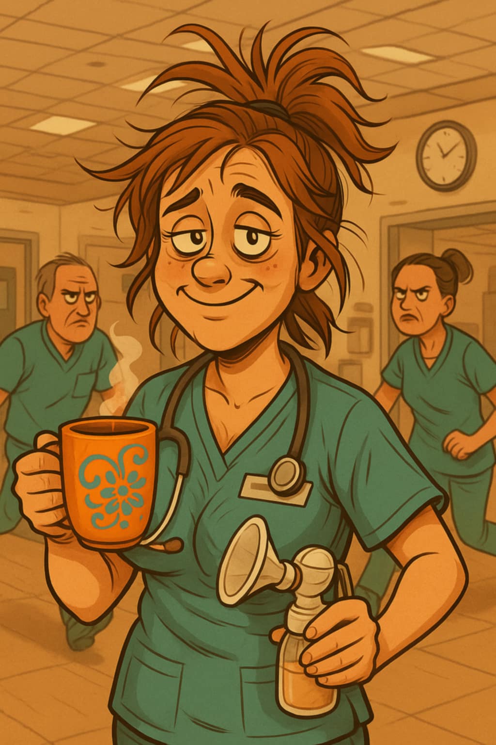En sliten sykepleier står i en hektisk sykehusgang med en brystpumpe i den ene hånden og en kaffekopp i den andre. Hun har på seg grønn arbeidsuniform og har et stetoskop rundt halsen.