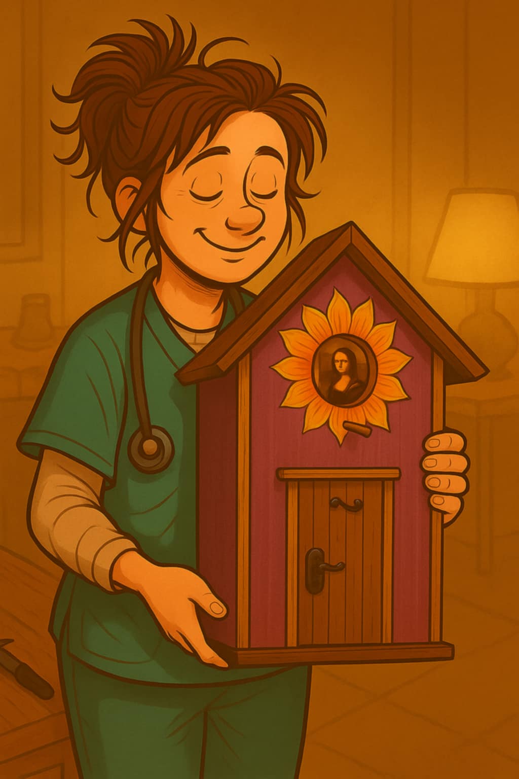 Kvinne i sykepleieruniform holder et lilla fuglehus med solblomst og kunst inni.