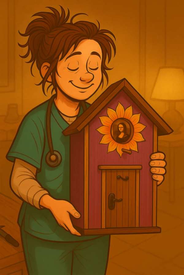 Kvinne i sykepleieruniform holder et lilla fuglehus med solblomst og kunst inni.