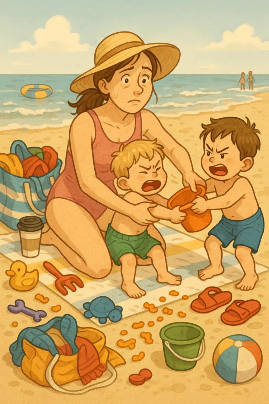 Mor prøver å mekle mellom to små barn som kranglar om ei bøtte på stranda. Rundt dei ligg badeleiker, snacks og strandutstyr.